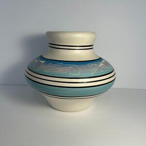 Benally Pottery Navajo Vase Native American Signed Blue Pink Black Geometric